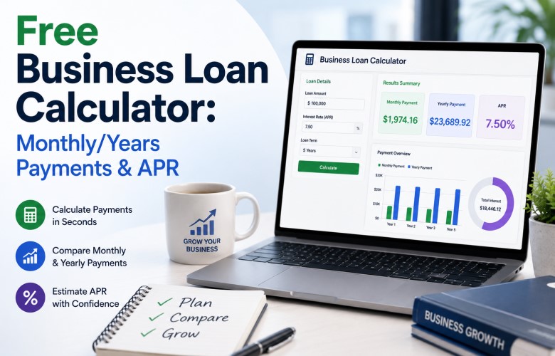 Business loan calculator showing monthly payment, total interest, and real APR breakdown